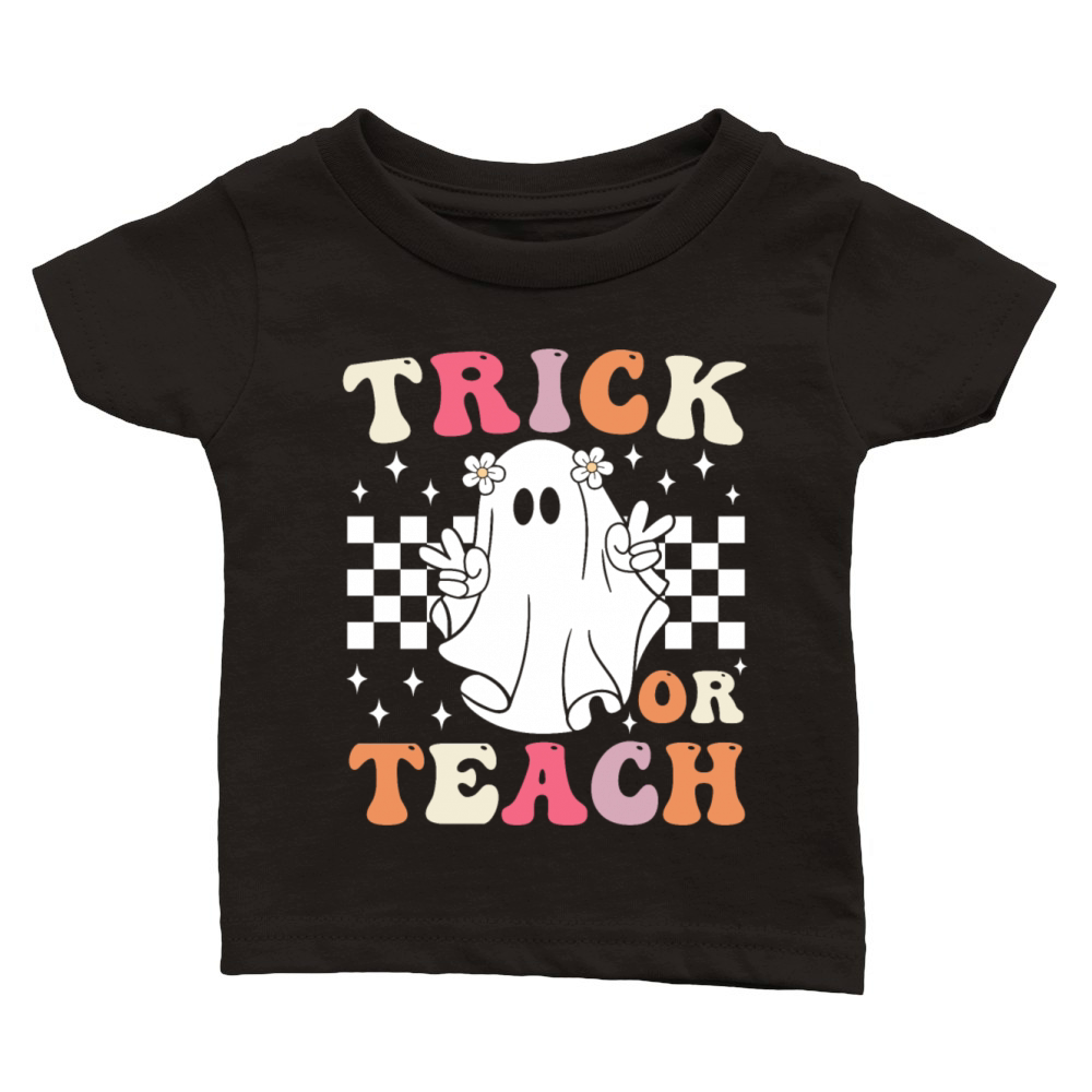 Groovy Trick or Teach Halloween Teacher Classic Baby Crewneck T-shirt
