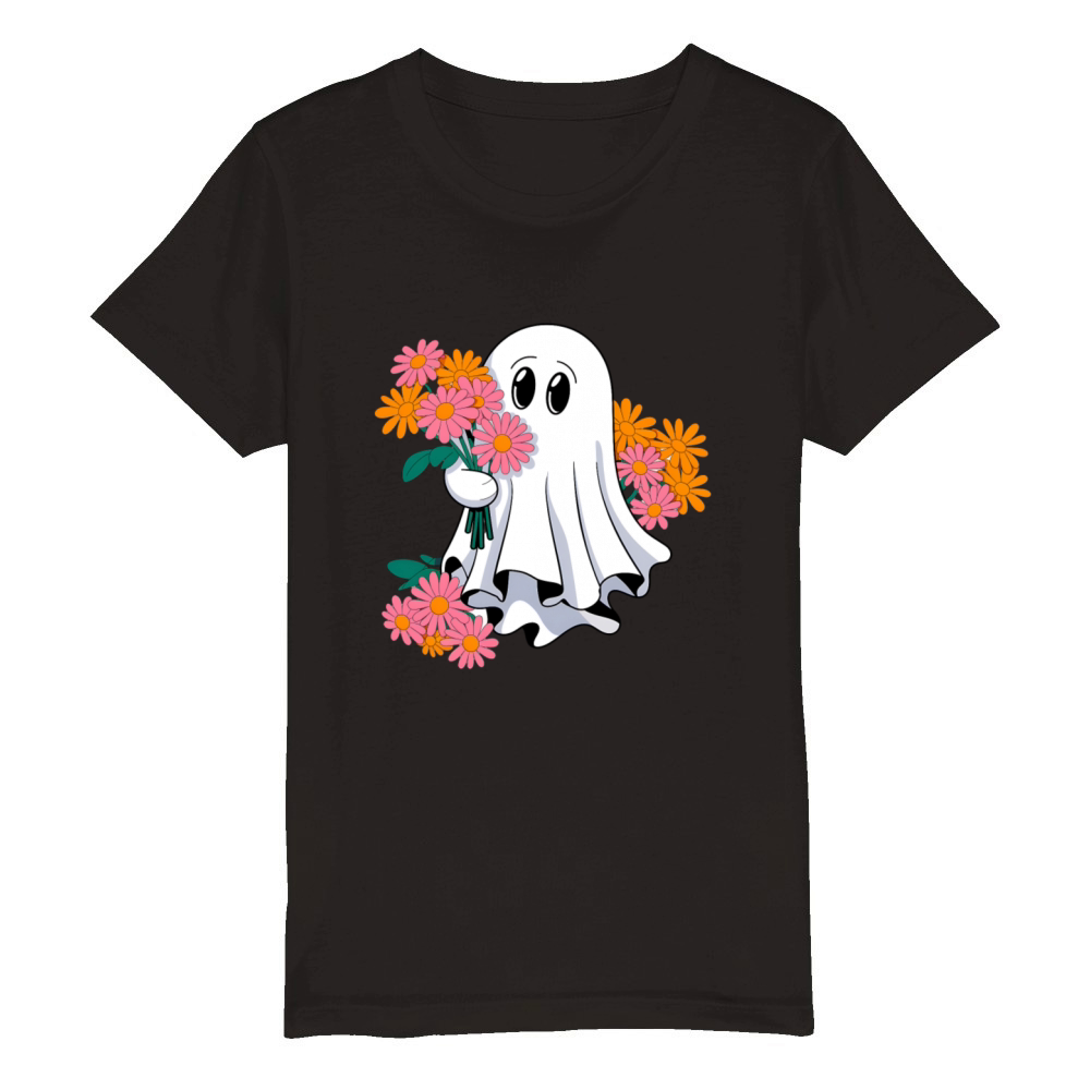 Floral Ghost Cute Retro Halloween Organic Kids Crewneck T-shirt