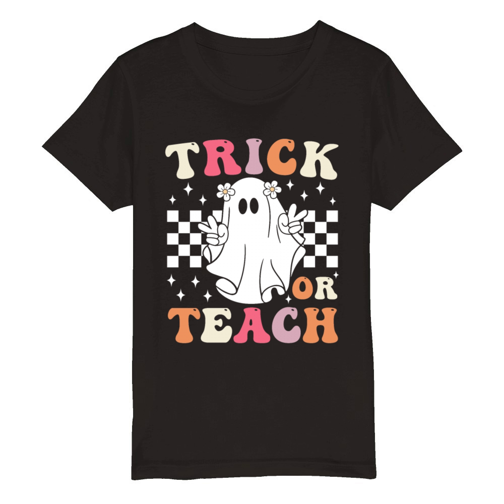 Groovy Trick or Teach Halloween Teacher Organic Kids Crewneck T-shirt