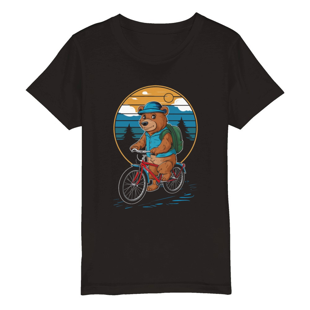 Retro Bear Riding A Bike Organic Kids Crewneck T-shirt