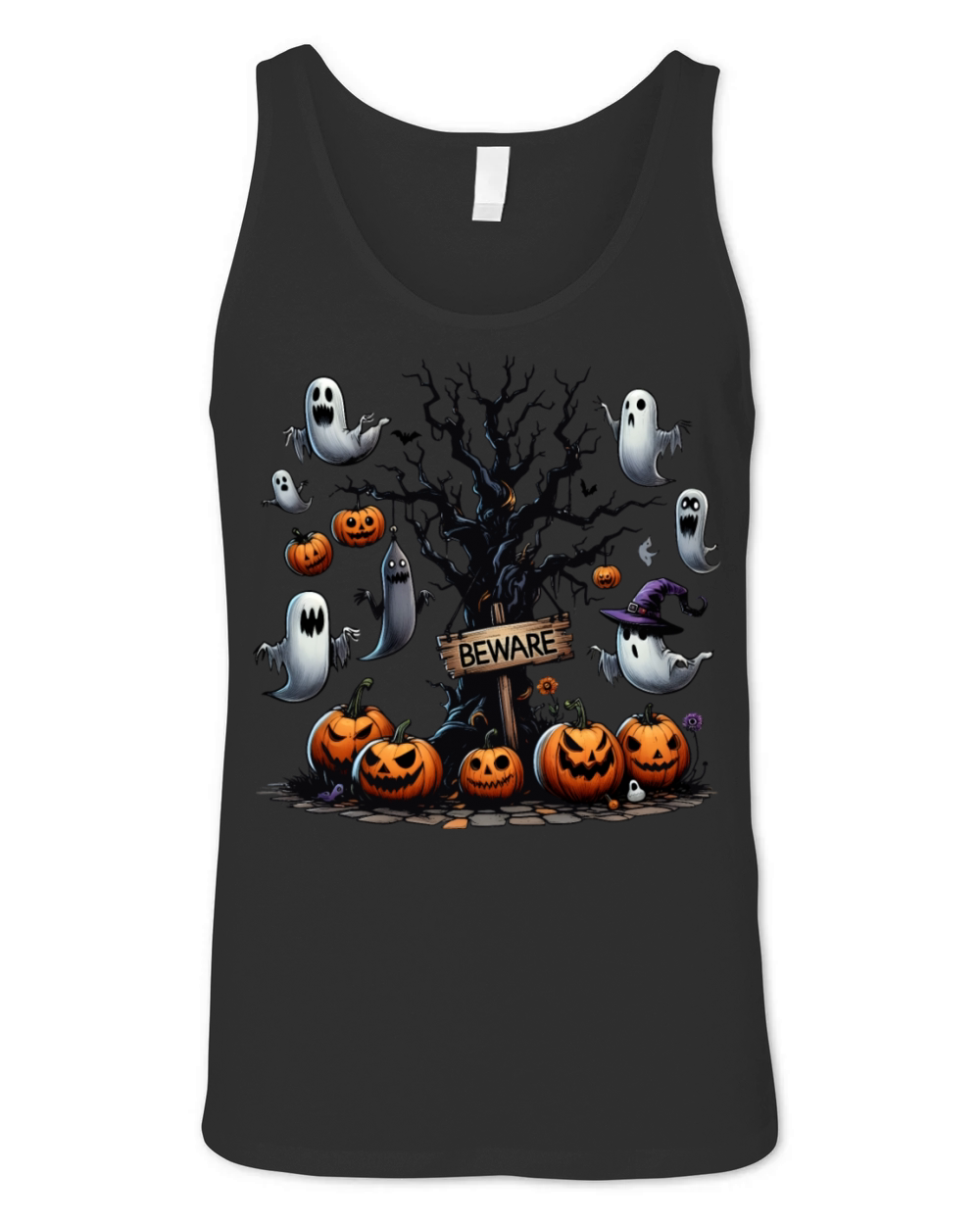 Beware Halloween ghost pumkin design Unisex Jersey Tank
