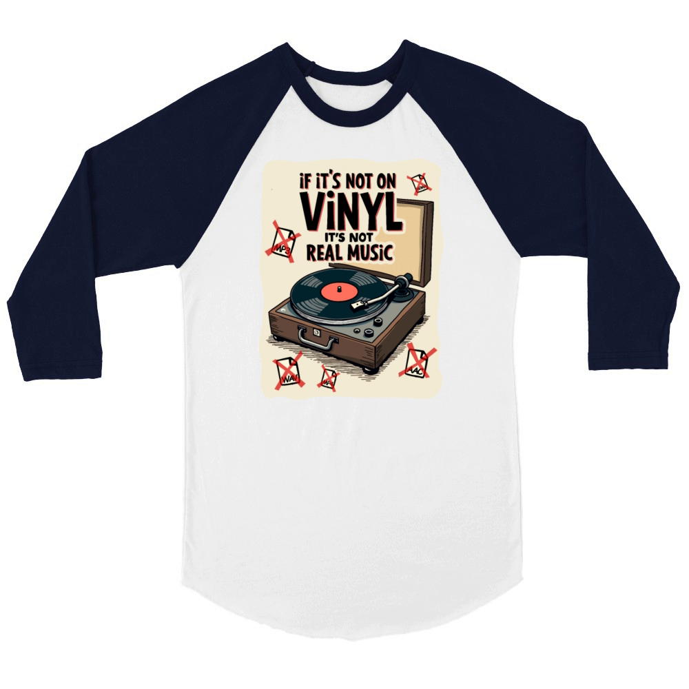 Retro Vinyl Record Player Design - Real Music for Unisex ¾ sleeve Raglan T-shirt