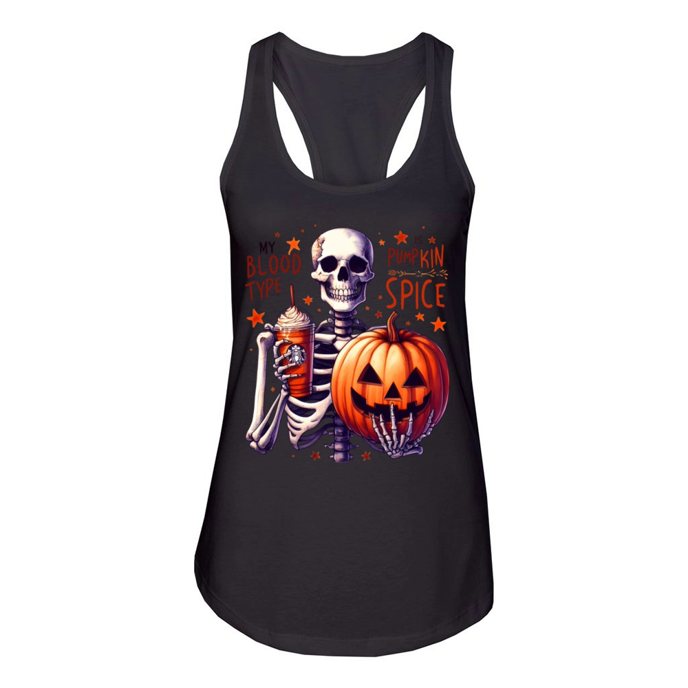 My Blood Type is Pumpkin Spice Funny skeleton Women's Racerback Tank
