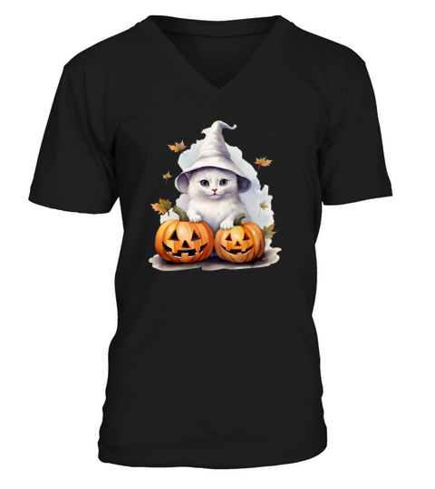 Vintage 90s Cat Pumpkin Halloween Retro Floral Spo V-Neck T-shirt