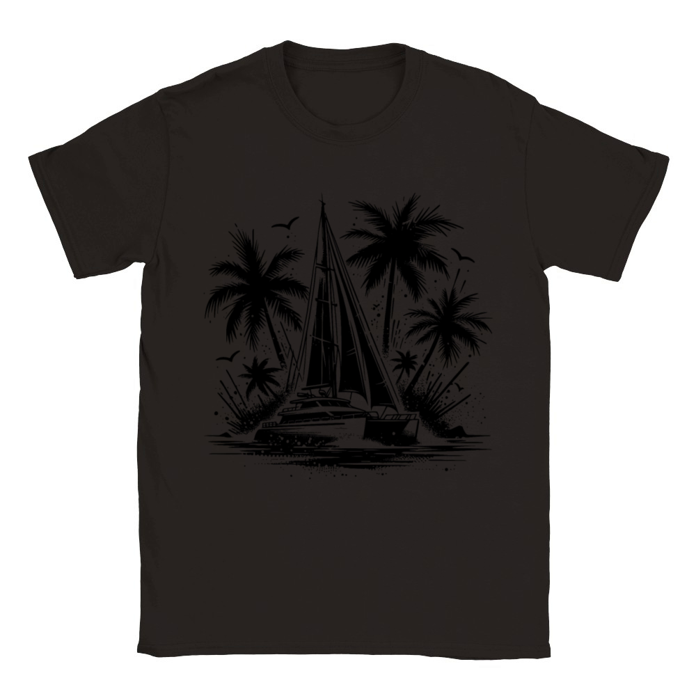 Double Hull Catamaran Sailing Boat With Palm Trees Classic Kids Crewneck T-shirt
