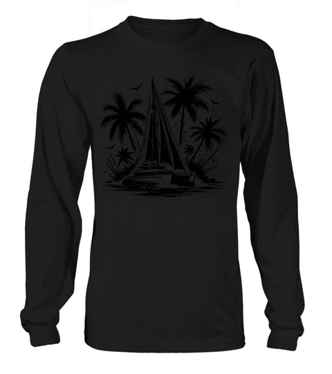 Double Hull Catamaran Sailing Boat With Palm Trees Long sleeved Unisex