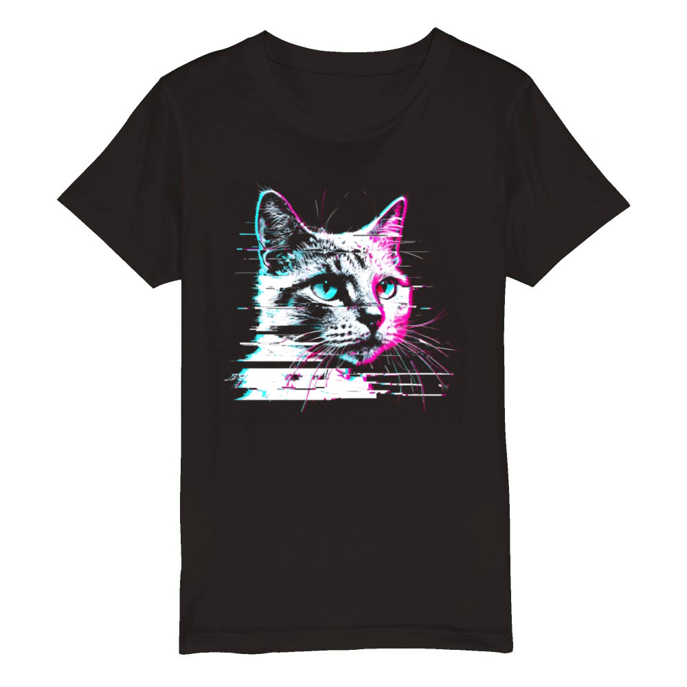 Retro Glitch Cat Vaporwave VHS Aesthetic Funny Organic Kids Crewneck T-shirt