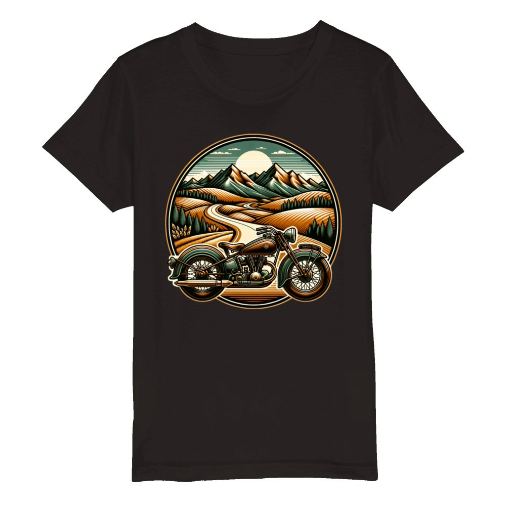 Vintage landscape and classic motorcycle Organic Kids Crewneck T-shirt