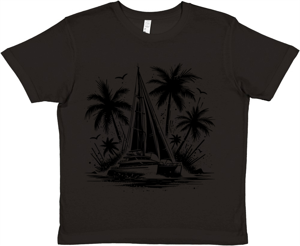 Double Hull Catamaran Sailing Boat With Palm Trees Premium Kids Crewneck T-shirt