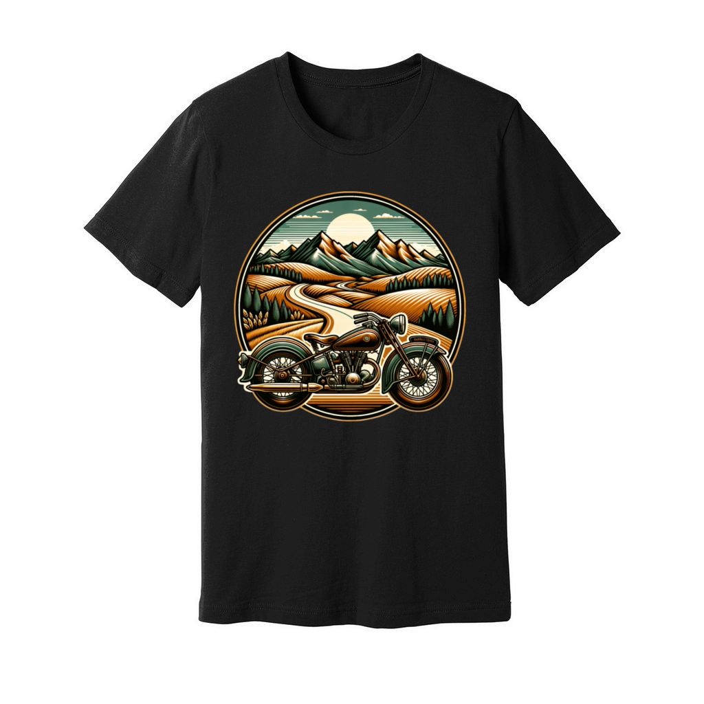 Vintage landscape and classic motorcycle Unisex Jersey Tee