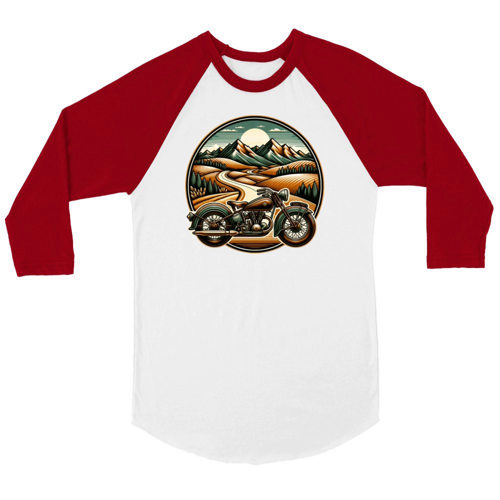 Vintage landscape and classic motorcycle Unisex ¾ sleeve Raglan T-shirt