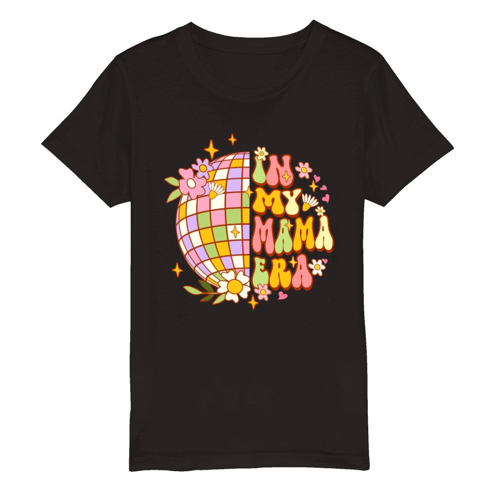 In my Mama Era Retro Groovy Floral Disco Ball Organic Kids Crewneck T-shirt