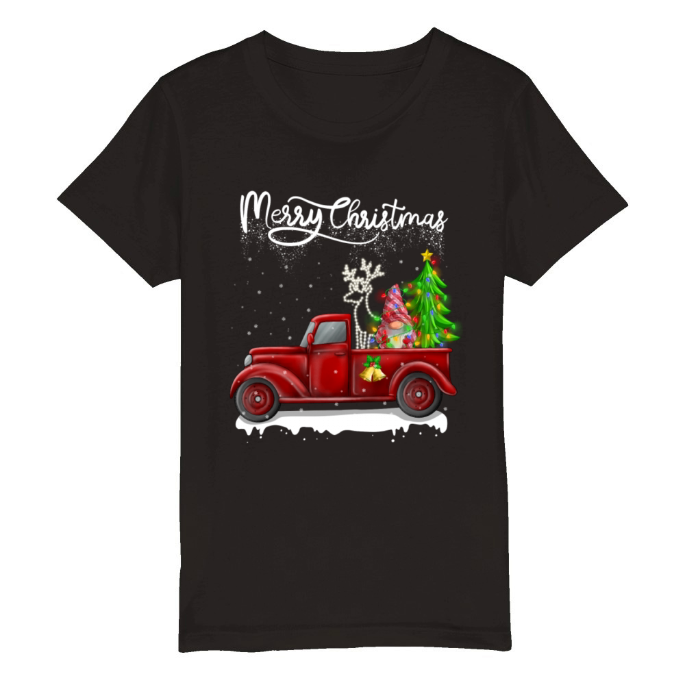 Merry Christmas Vintage Red Truck Gnome Organic Kids Crewneck T-shirt