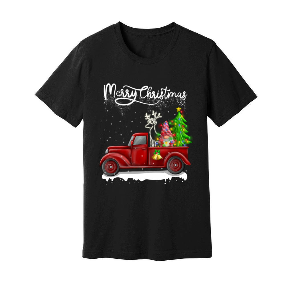 Merry Christmas Vintage Red Truck Gnome Unisex Jersey Tee