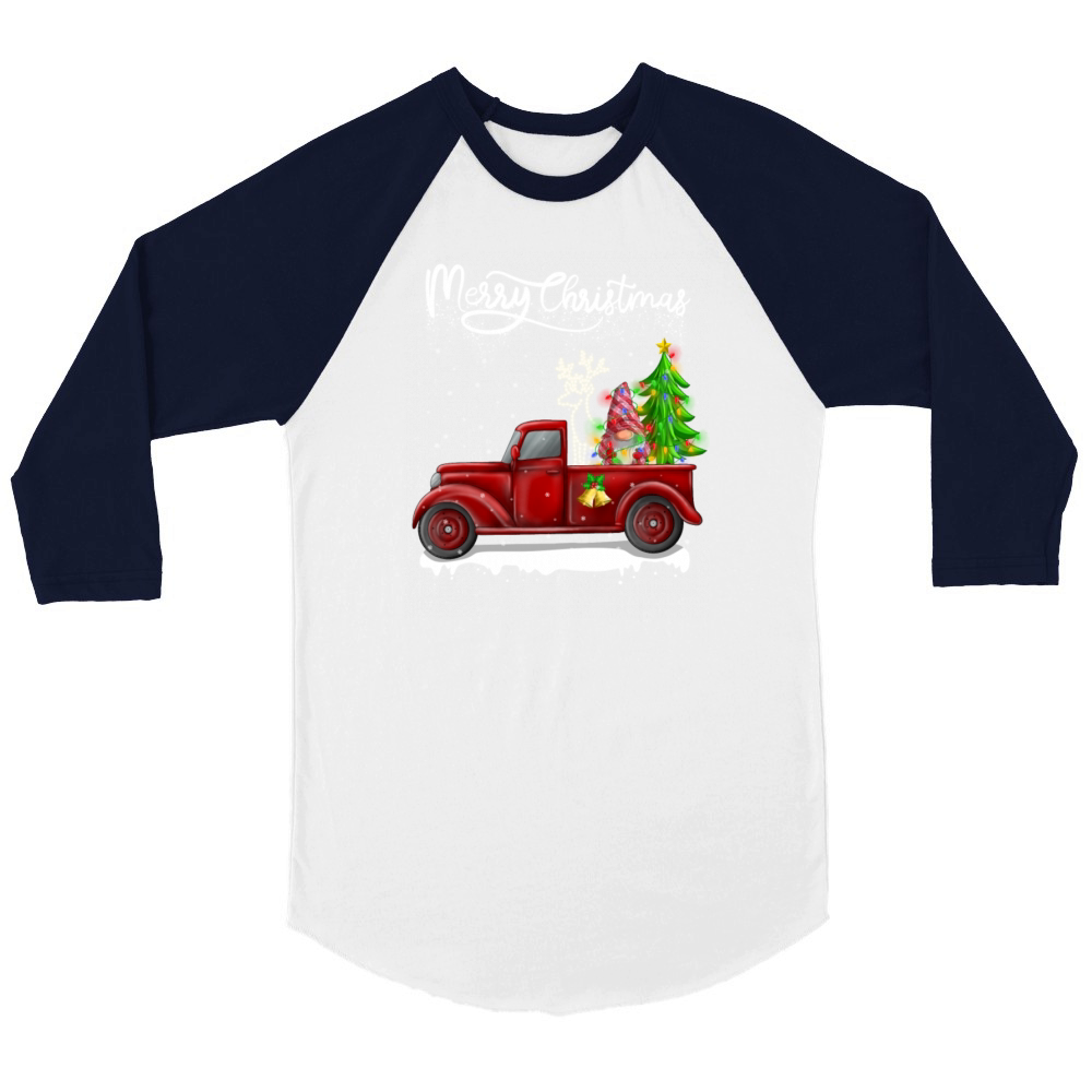 Merry Christmas Vintage Red Truck Gnome Unisex ¾ sleeve Raglan T-shirt