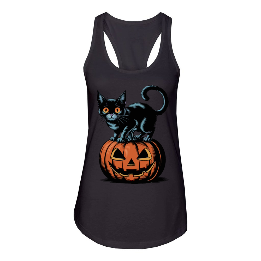 Halloween Black Cat On Jack-O-Lantern Pumpkin Women's Racerback Tank