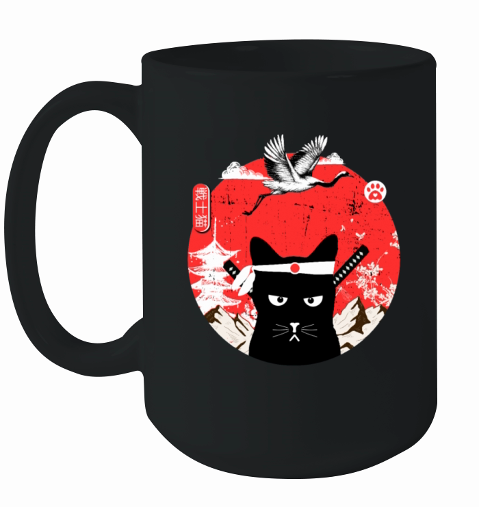 Vintage Japanese black Cat Art Ceramic Mug