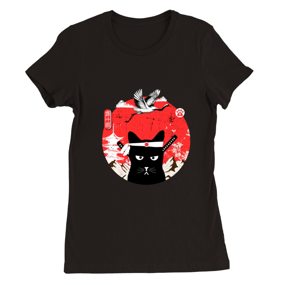Vintage Japanese black Cat Art Premium Womens Crewneck T-shirt