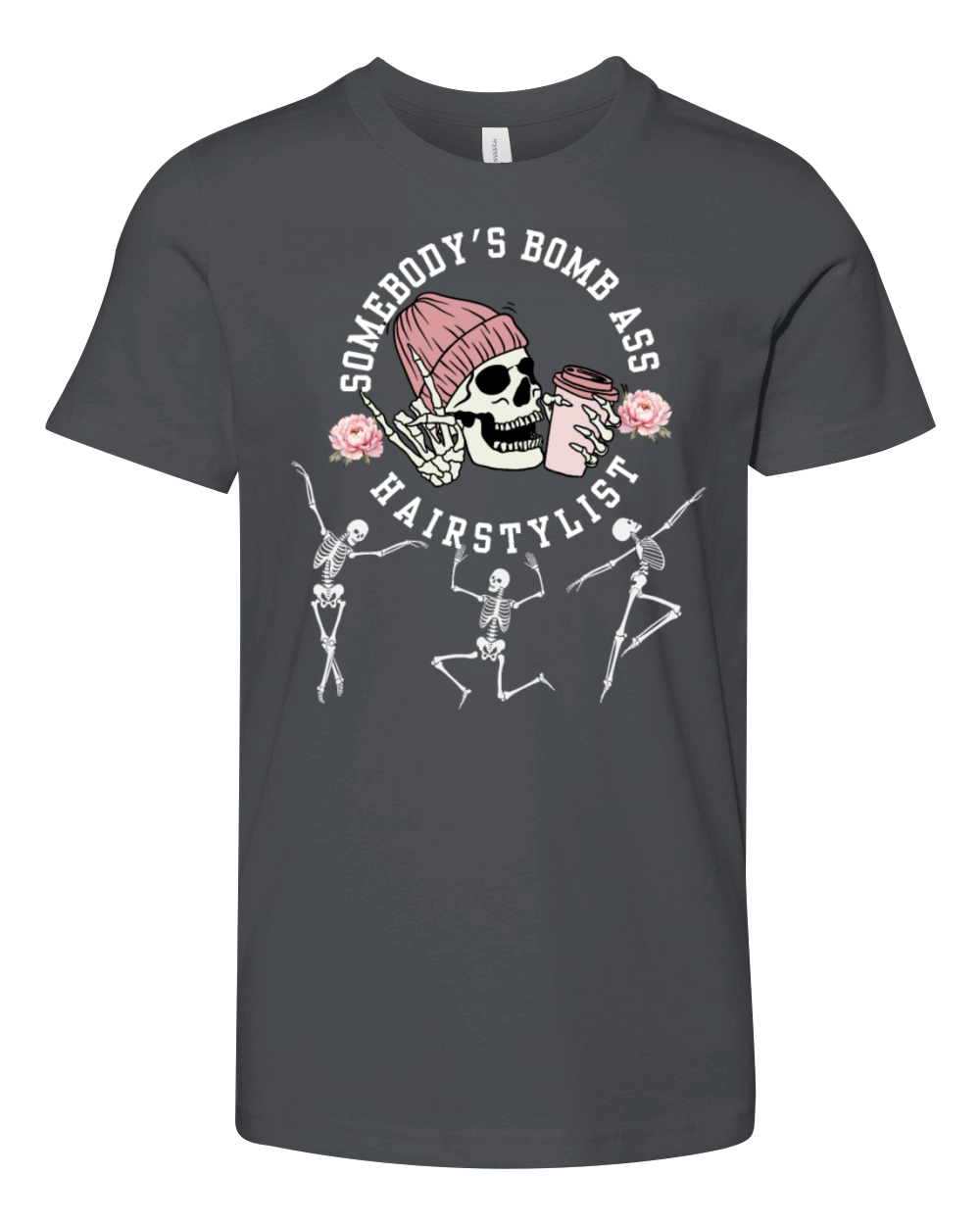 Somebodys Bomb Ass Hair Stylist Dancing Skeleton Youth Unisex Jersey Tee