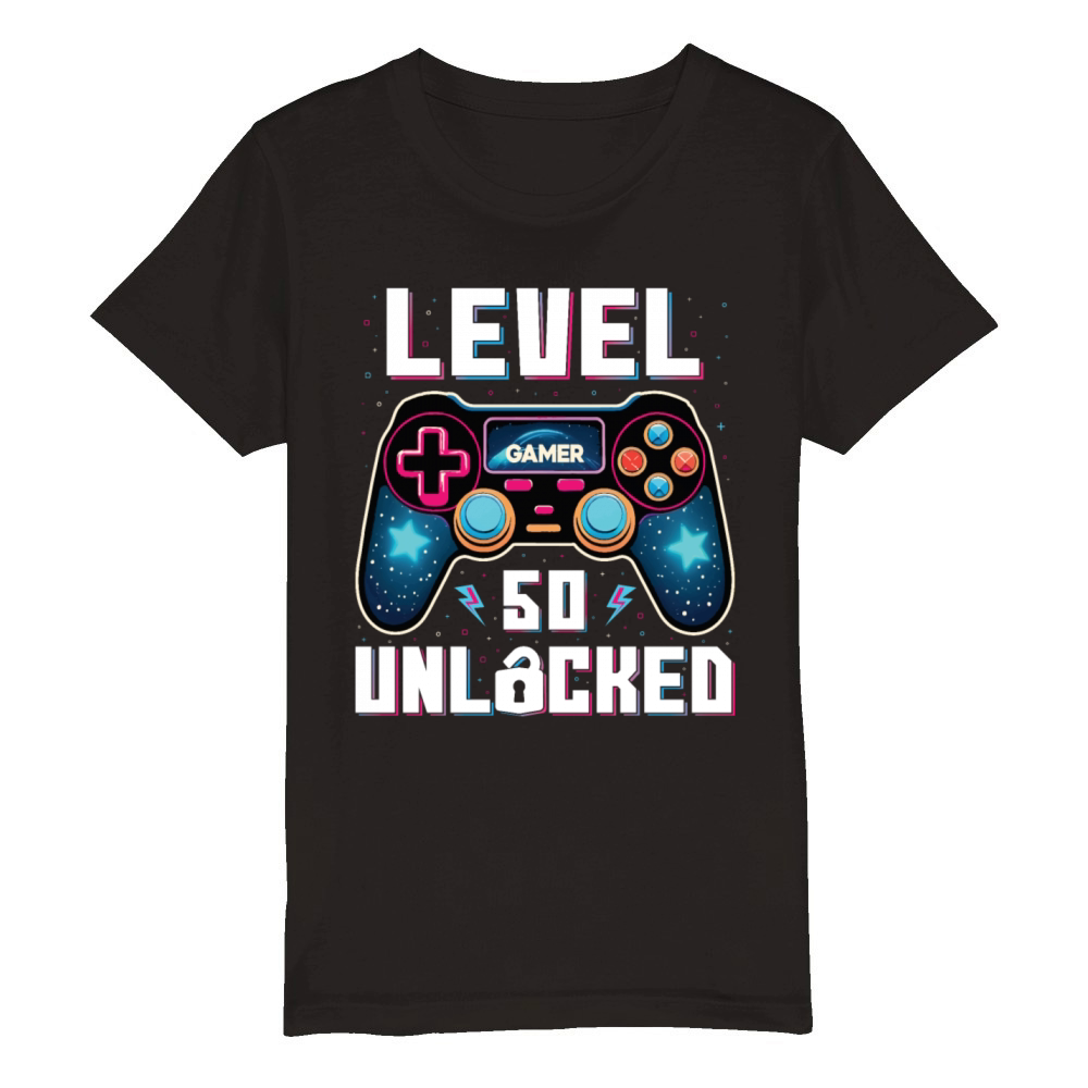 Level 50 Unlocked 50th Birthdays Gamer Gift Organic Kids Crewneck T-shirt