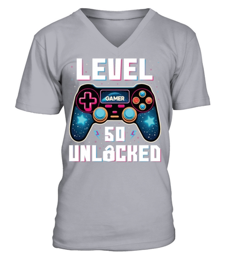 Level 50 Unlocked 50th Birthdays Gamer Gift V-Neck T-shirt