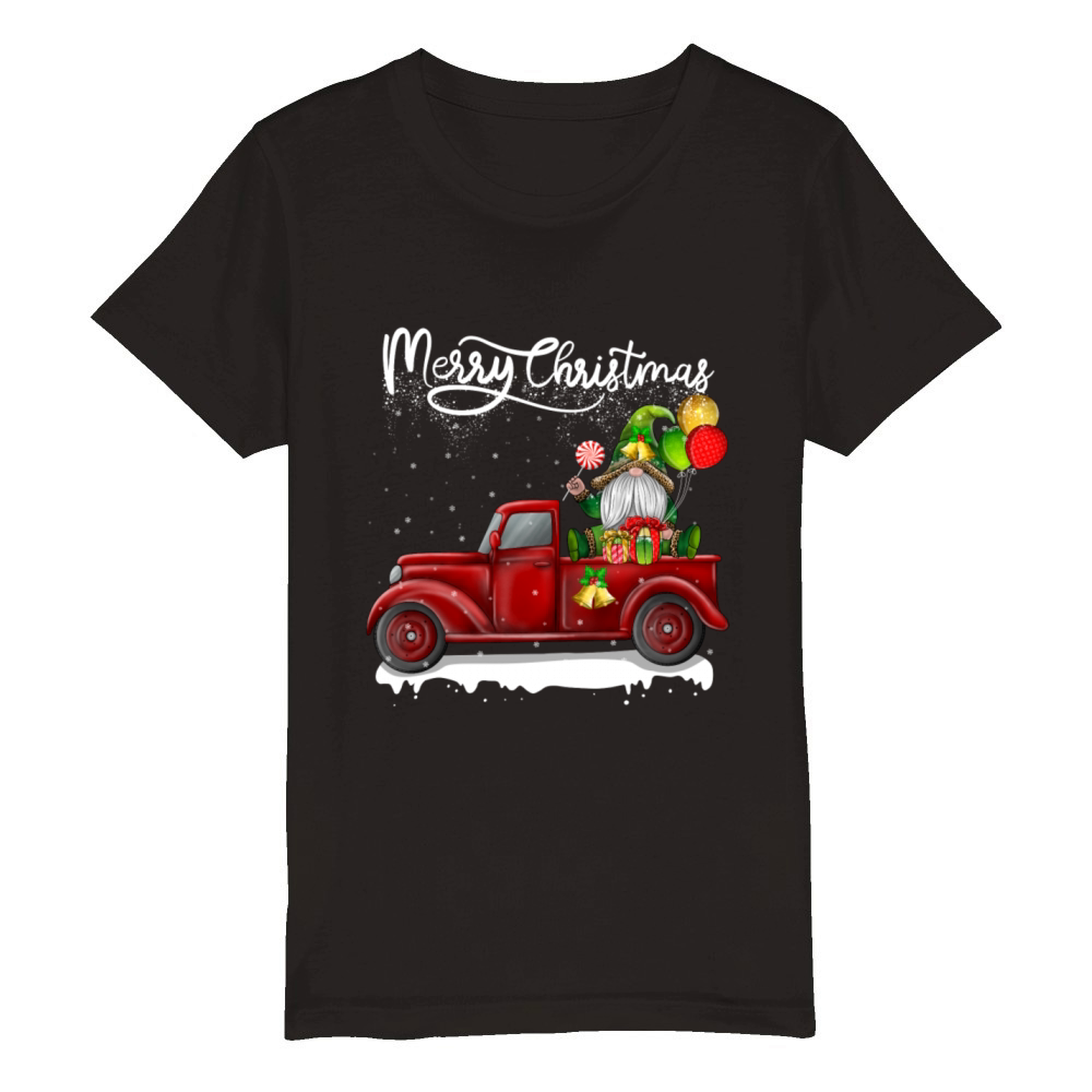 Merry Christmas Vintage Red Truck Gnome Organic Kids Crewneck T-shirt