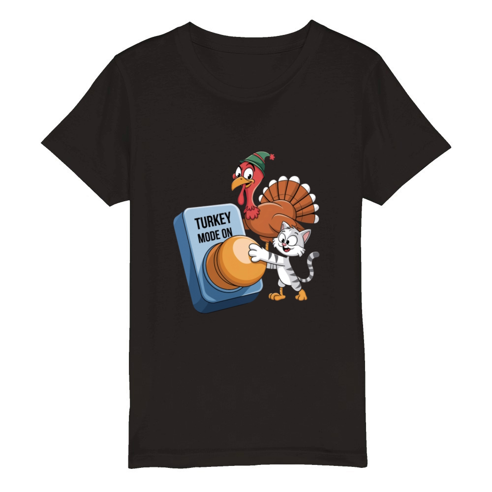 Playful Cat and Turkey Mode On for Thanksgiving Organic Kids Crewneck T-shirt