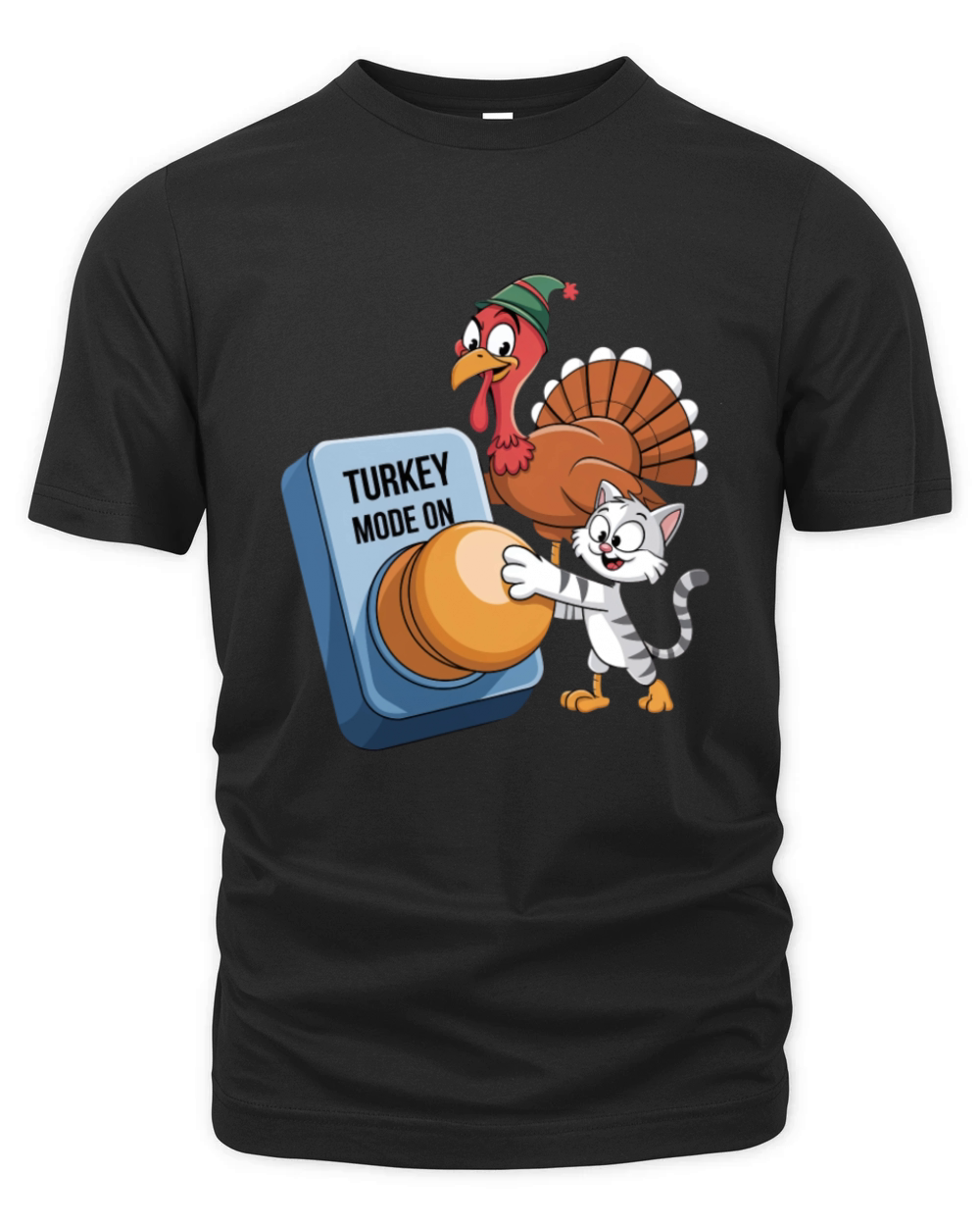 Playful Cat and Turkey Mode On for Thanksgiving Organic Unisex T-shirt