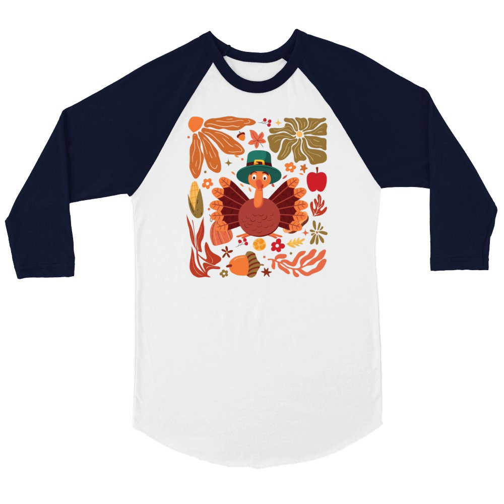Boho Floral Turkey Funny Thanksgiving Autumns Fall Unisex ¾ sleeve Raglan T-shirt