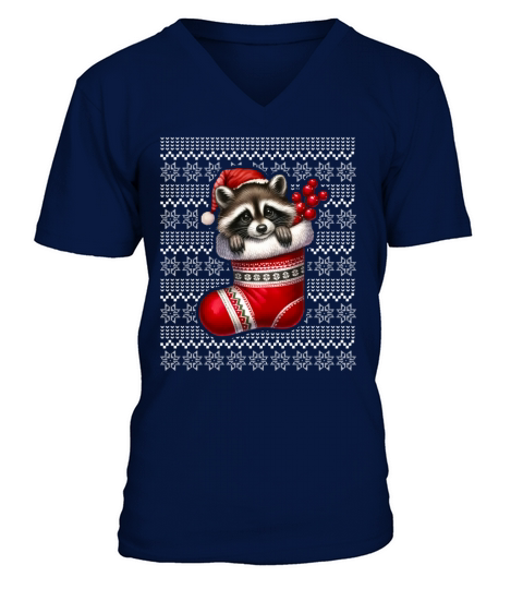 Vintage Raccoon Santa Hat Christmas Pajama Raccoon V-Neck T-shirt