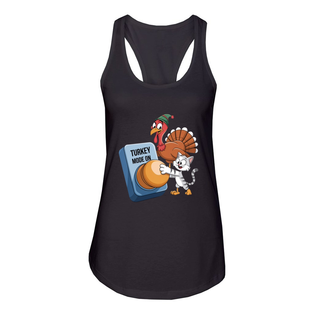 Playful Cat and Turkey Mode On for Thanksgiving Women's Racerback Tank