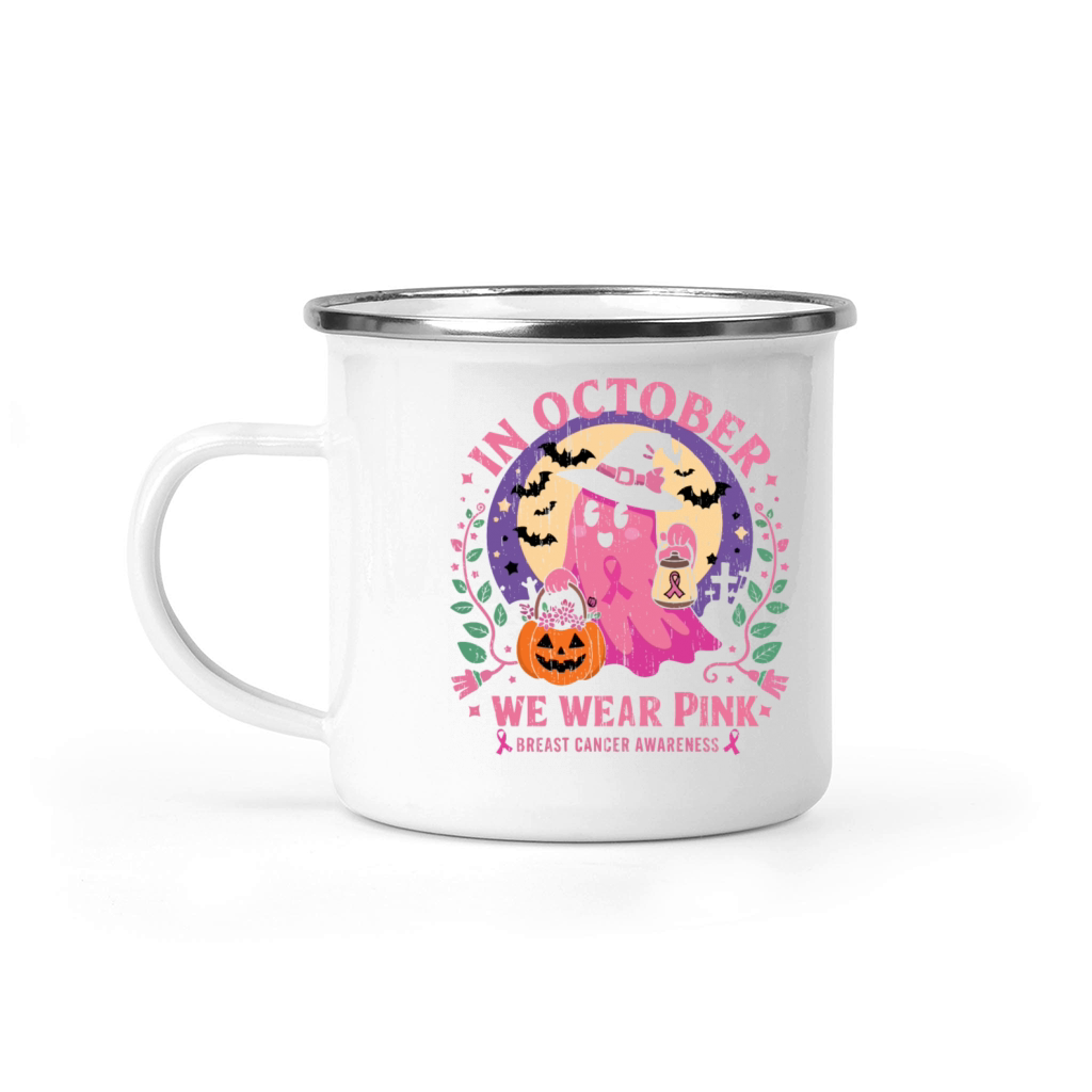 Vintage Pink Ghost Witch Breast Cancer In October Camping Mug