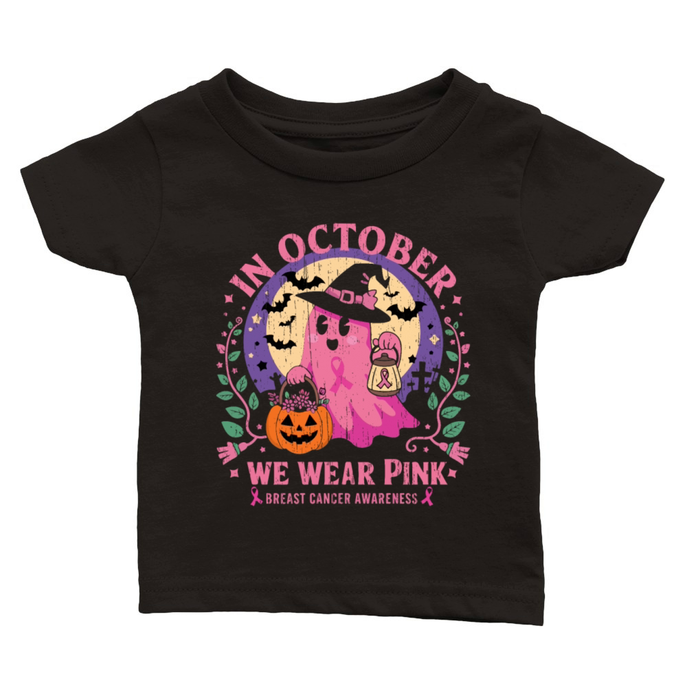 Vintage Pink Ghost Witch Breast Cancer In October Classic Baby Crewneck T-shirt