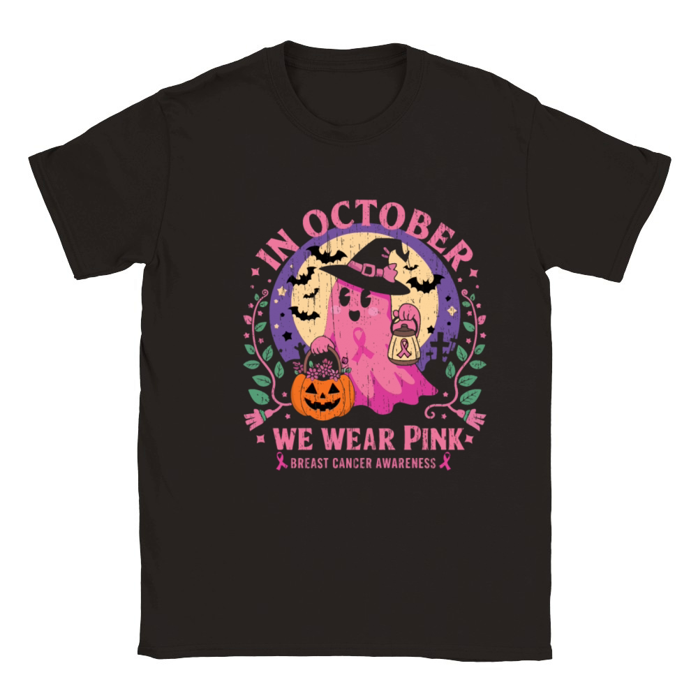 Vintage Pink Ghost Witch Breast Cancer In October Classic Kids Crewneck T-shirt