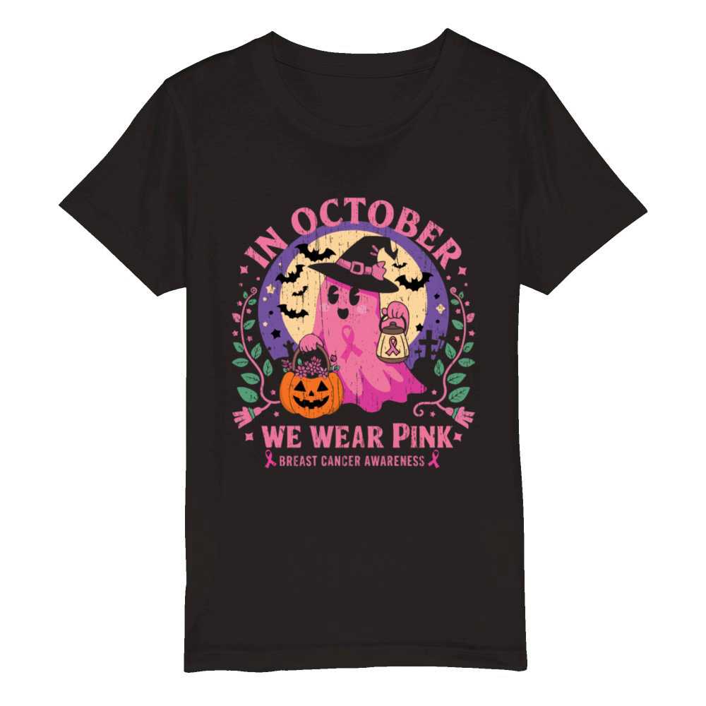 Vintage Pink Ghost Witch Breast Cancer In October Organic Kids Crewneck T-shirt