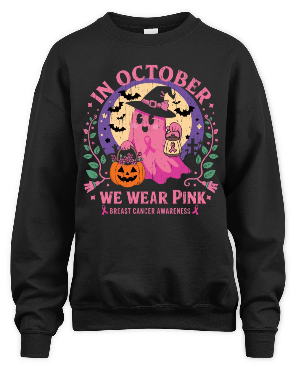 Vintage Pink Ghost Witch Breast Cancer In October Unisex Premium Crewneck Sweatshirt