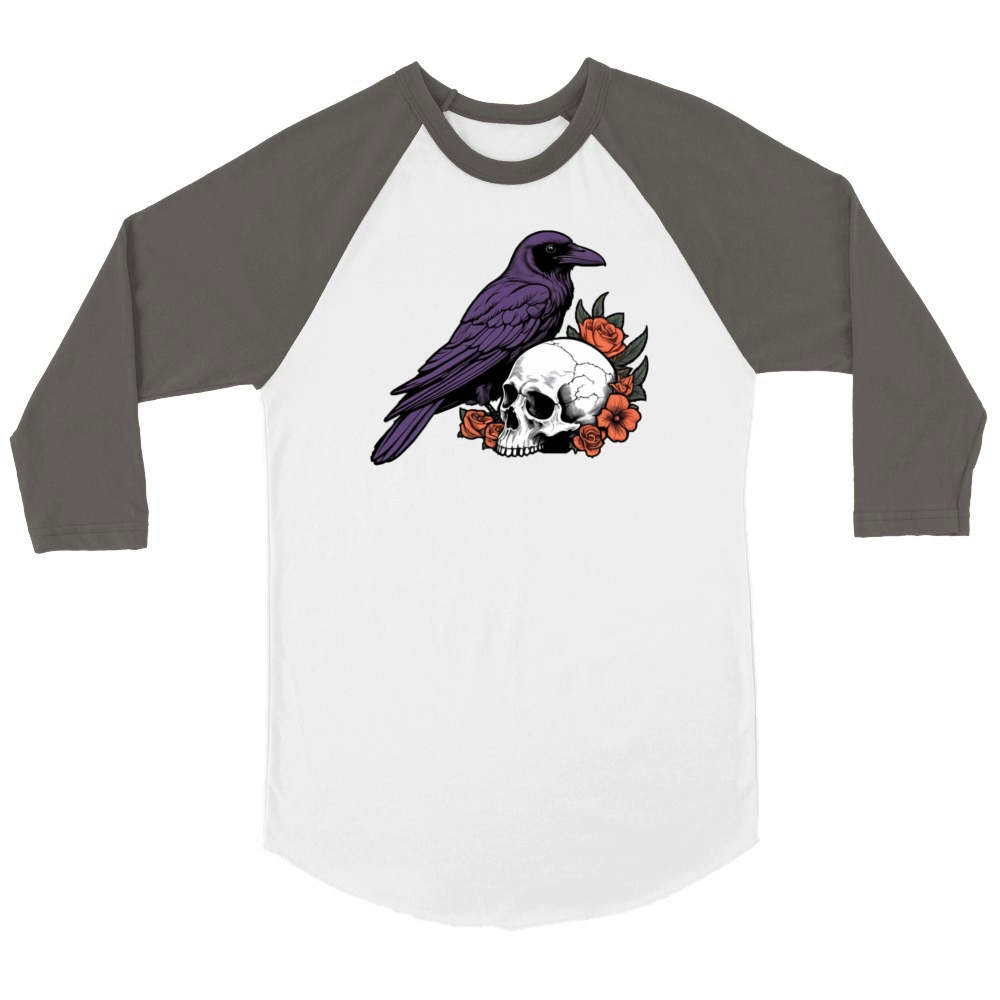Skull and Raven Surrounded by Roses Unisex ¾ sleeve Raglan T-shirt