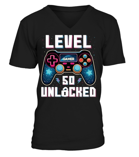 Level 50 Unlocked 50th Birthdays Gamer Gift V-Neck T-shirt