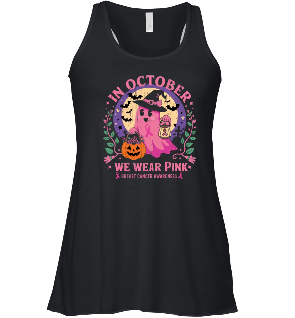 Vintage Pink Ghost Witch Breast Cancer In October Women's Flowy Tank Top