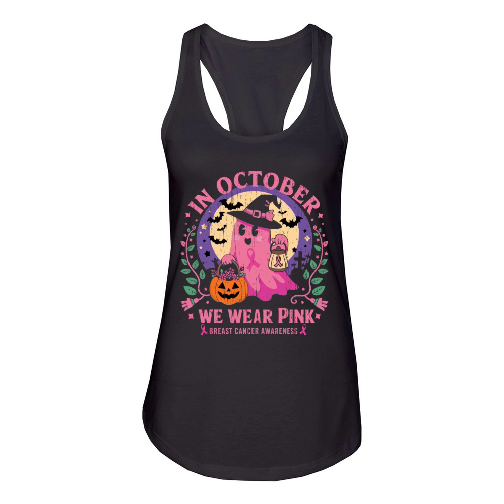 Vintage Pink Ghost Witch Breast Cancer In October Women's Racerback Tank