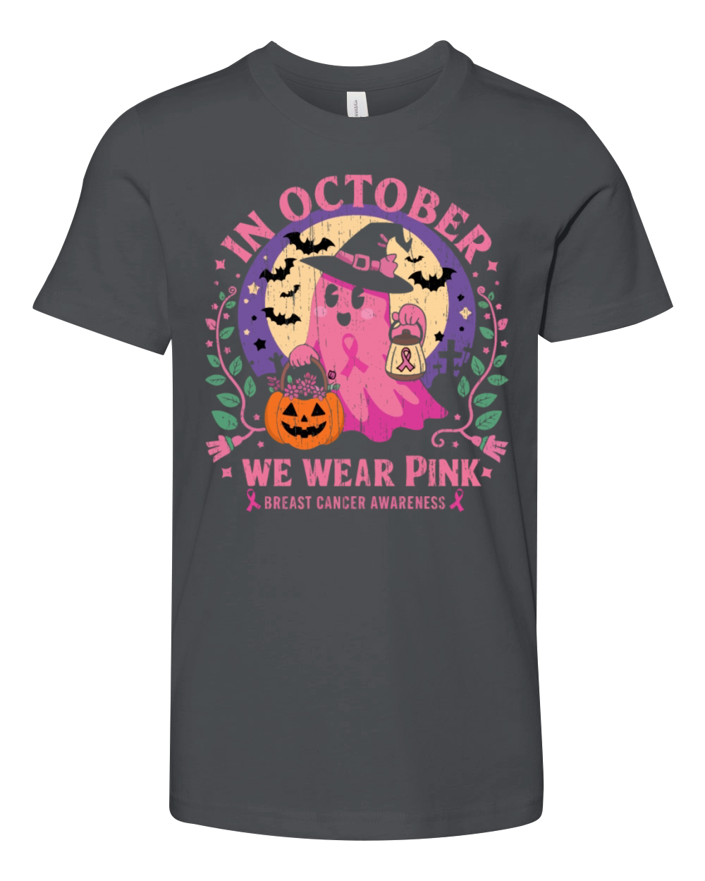 Vintage Pink Ghost Witch Breast Cancer In October Youth Unisex Jersey Tee