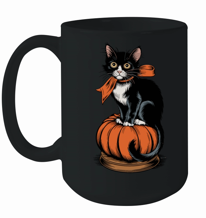 Black and White Cat On Pumpkin Ceramic Mug