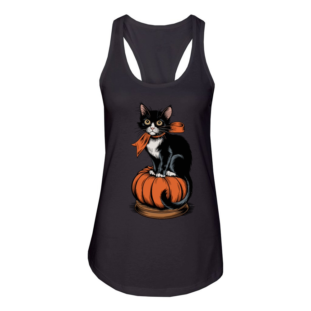 Black and White Cat On Pumpkin Women's Racerback Tank