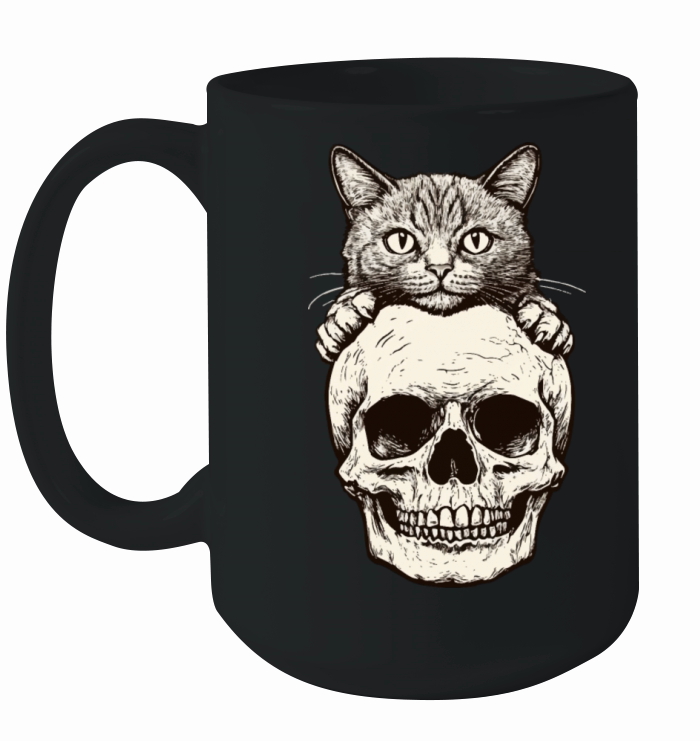 Vintage halloween Drawing Of A Cat And Skull desig Ceramic Mug