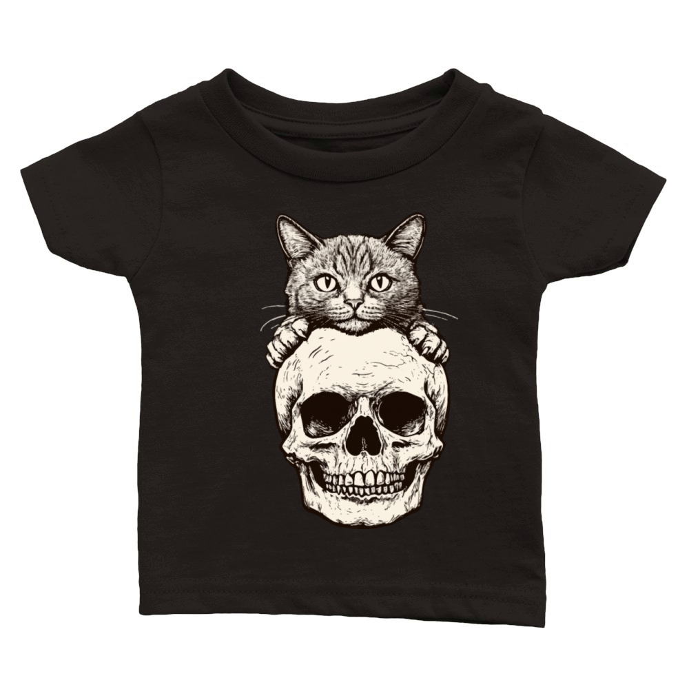 Vintage halloween Drawing Of A Cat And Skull desig Classic Baby Crewneck T-shirt