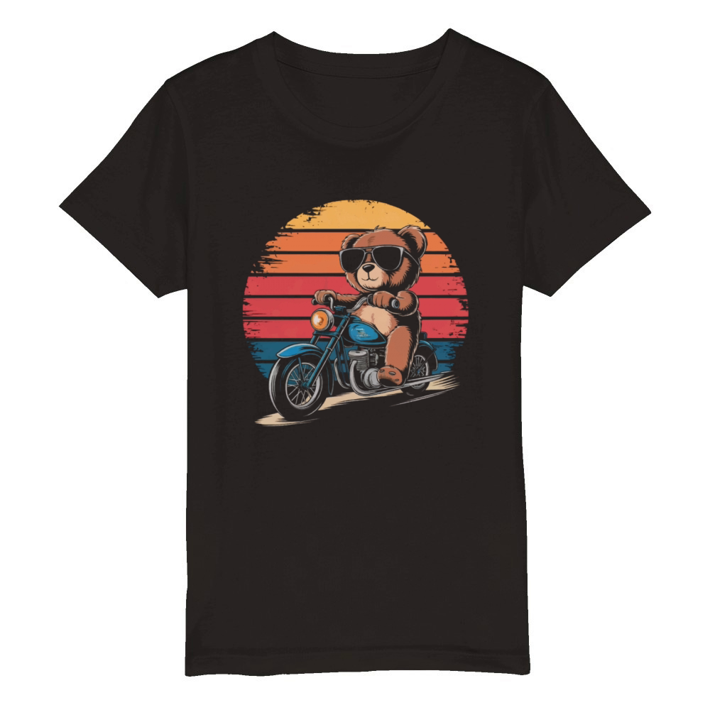 Teddy bear with sunglasses rides a Motorcycle Organic Kids Crewneck T-shirt
