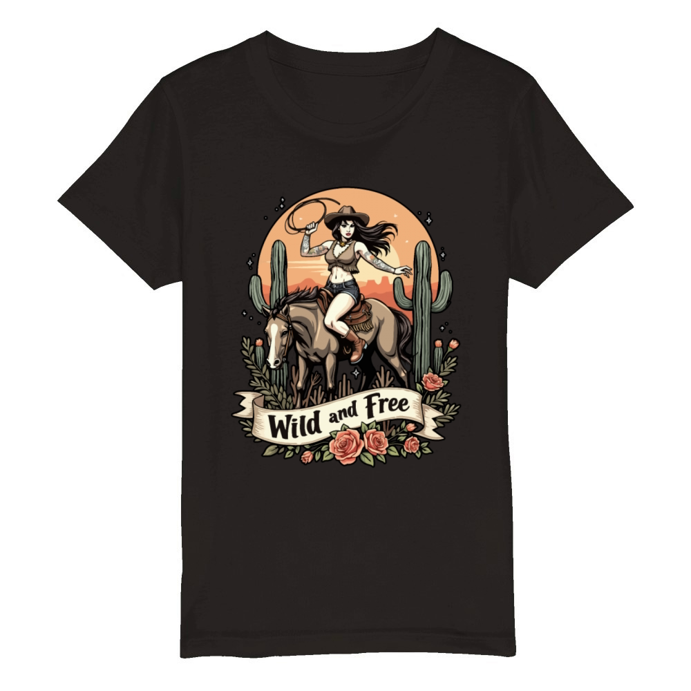 Wild And Free Pinup Cowgirl Organic Kids Crewneck T-shirt