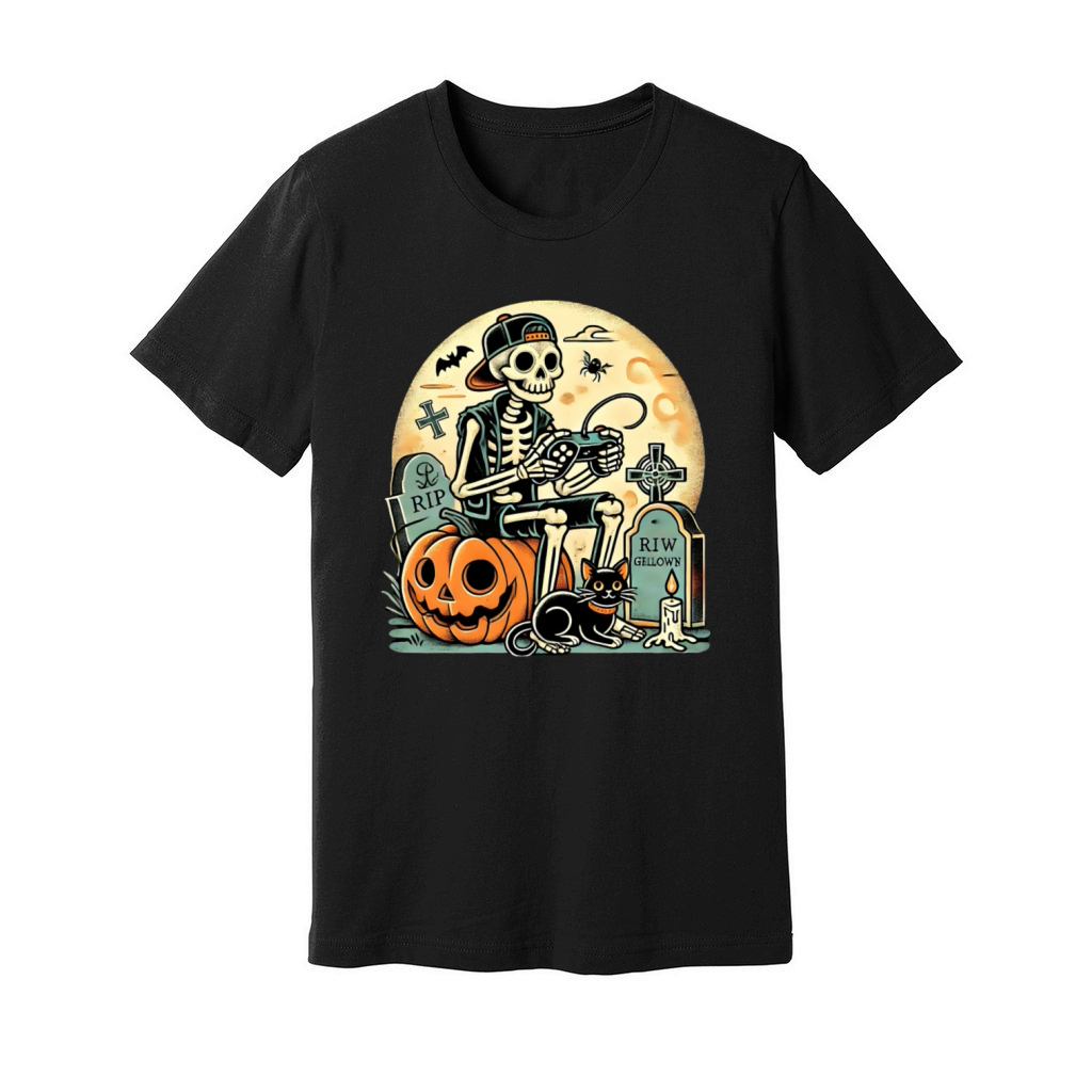Halloween Skeleton Gamer in Graveyard Retro Cat Unisex Jersey Tee