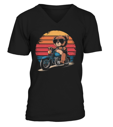 Teddy bear with sunglasses rides a Motorcycle V-Neck T-shirt