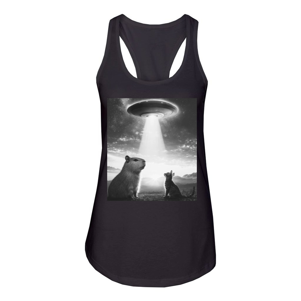 Funny Graphic Capybara Selfie With Ufos Weird Women's Racerback Tank